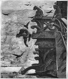 Quasimodo jumping from Notre Dame cathedral.